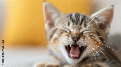 Playful Tabby Kitten Yawning in a Cozy Indoor Setting During Afternoon Light