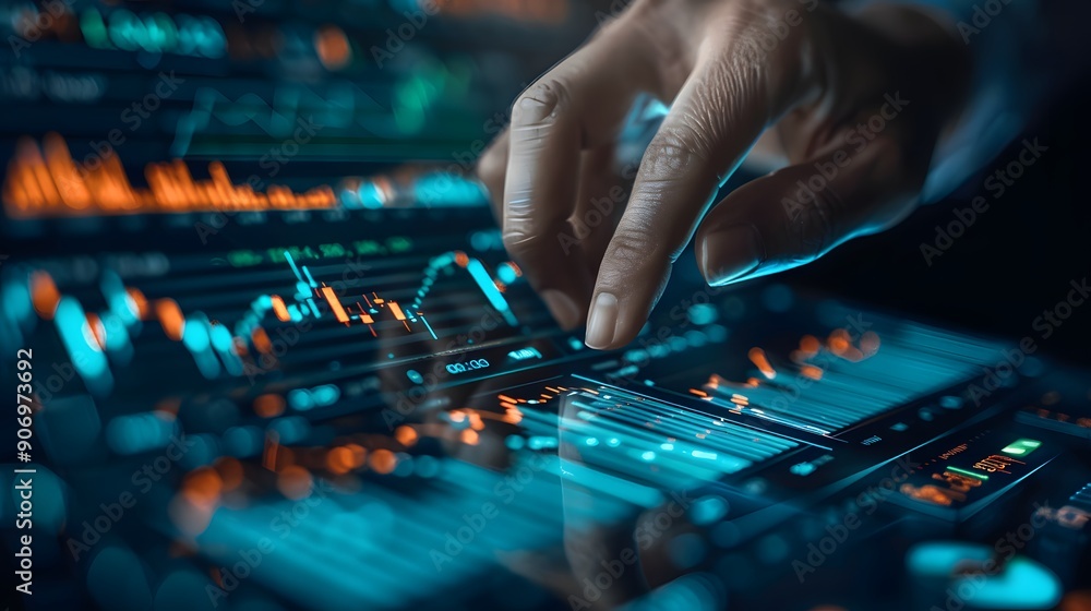 Engaging with Data: A Close-Up of Hands Interacting with a Digital Financial Dashboard Engaging with Data: A Close-Up of Hands Interacting with a Digital Financial Dashboard