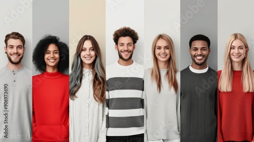 Group of Diverse Young Adults Smiling Against Neutral Background in Studio Se...
