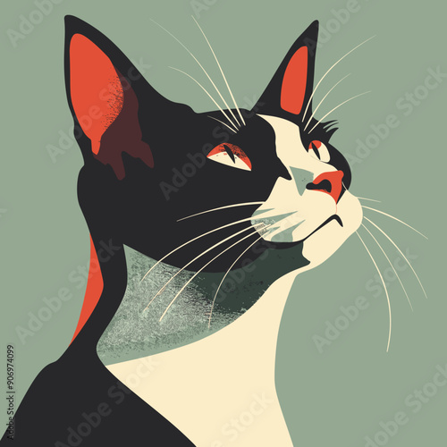 Stylized cat illustration portraying black white feline prominent red ears eyes. Cat looking upward, modern graphic art style against green background. Whiskers, sharp features, contemplative