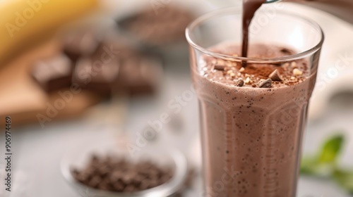 Chocolate Milkshake Being Poured Into Glass With Toppings and Bokeh Background