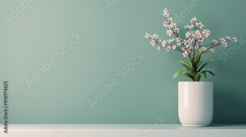 Indoor Potted Palm Plant Against Mint Green Wall With Sunlight Shadows