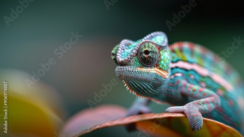 Close-Up of Colorful Chameleon on a Rock in Lush Green Environment