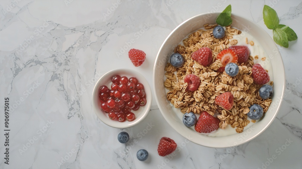 a bowl of granola with berries and blueberries a bowl of granola with berries and blueberries