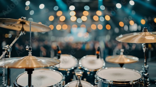 Colorful Drum Set on Stage With Blurred Lights in Background During Evening P...