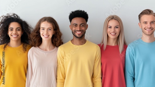 Group of Diverse Young Adults Smiling Against Neutral Background in Studio Se...