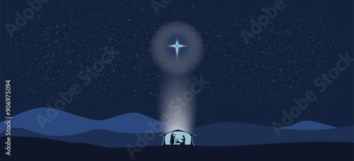 Star shines over manger of Jesus Christ. Vector illustration for banner. Christmas design with Jesus, Mary, Joseph, star, manger on a blue background.