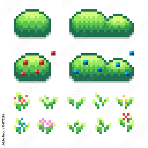 Set of pixel art bushes ang grasses for retro games. Vegetation elements for filling locations and maps of topdown games.
