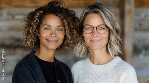 Two Women Smiling Together in a Bright Indoor Space With Autumn Leaves in Bac...