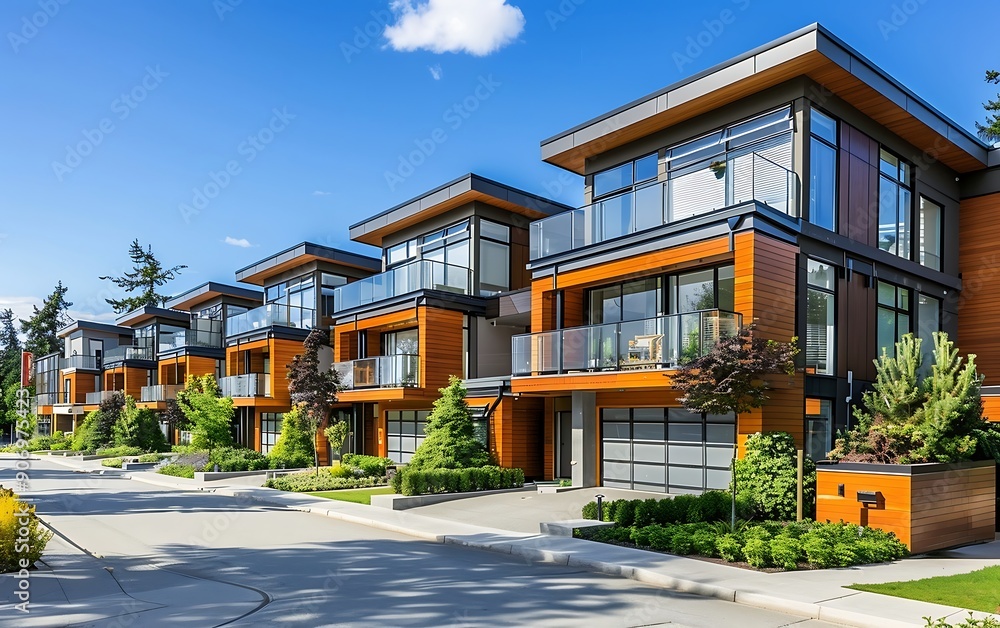Modern apartment buildings on a sunny day with a blue sky. Facade of a modern apartment building Modern apartment buildings on a sunny day with a blue sky. Facade of a modern apartment building