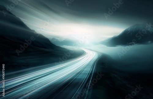 Misty Mountain Road at Dusk With Blurred Light Trails
