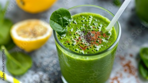 Fresh Green Smoothie With Spinach and Citrus on Wooden Table