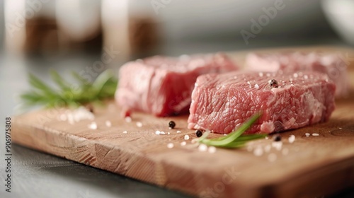 Fresh Cut Beef Steak With Rosemary on Wooden Cutting Board in Kitchen