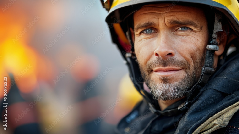 Firefighter in Uniform at Blaze Site With Determined Expression Firefighter in Uniform at Blaze Site With Determined Expression