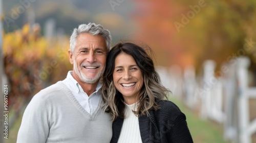 Happy Couple Smiling Together at Outdoor Gathering on a Cool Autumn Day