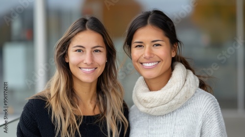 Two Women Smiling Together in a Bright Indoor Space With Autumn Leaves in Bac...