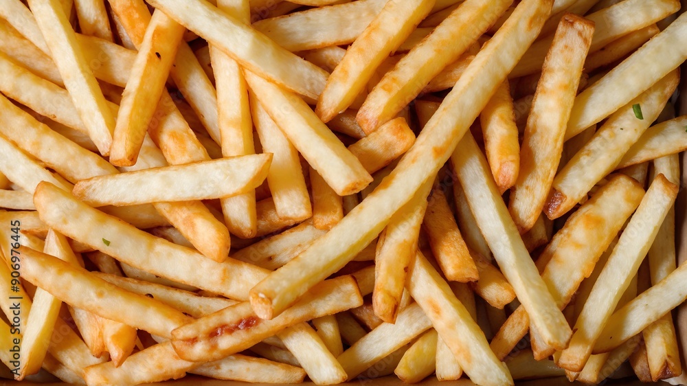 Heap of yummy french fries as textured food background. Top view, full frame. AI generated Heap of yummy french fries as textured food background. Top view, full frame. AI generated