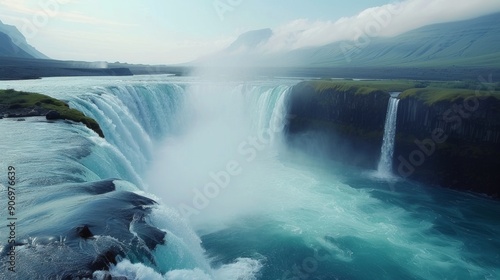 Majestic Waterfall Cascade Surrounded by Green Hills in Iceland During Sunrise