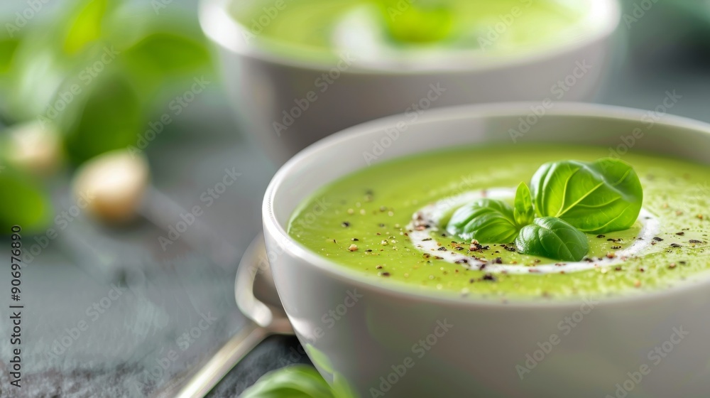 Fresh Green Basil Soup With Cream and Herbs in a Cozy Kitchen Setting Fresh Green Basil Soup With Cream and Herbs in a Cozy Kitchen Setting