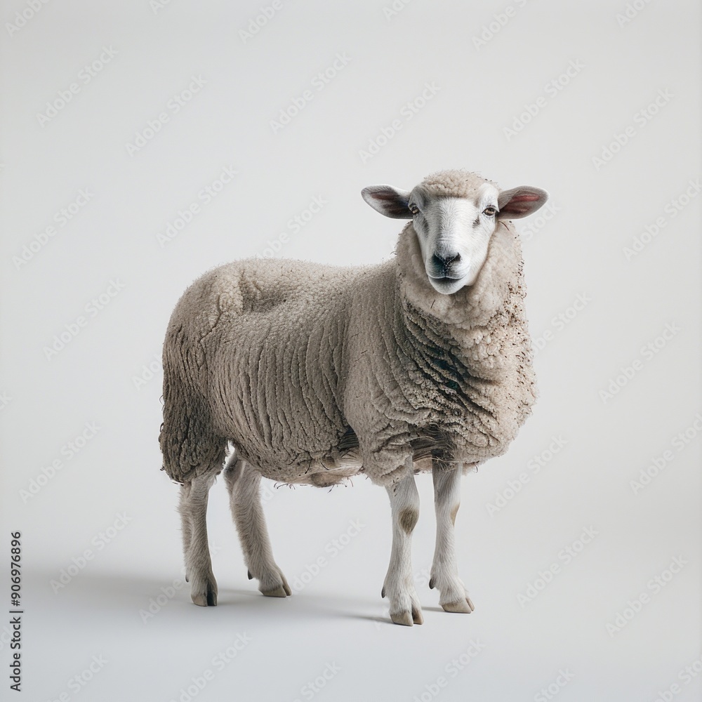 Medium shot of a sheep, isolated on a light solid pastel white background Medium shot of a sheep, isolated on a light solid pastel white background