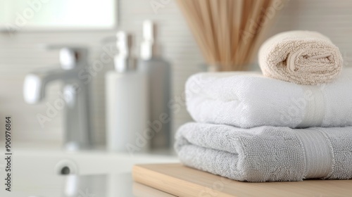 Neatly Stacked Towels in a Modern Bathroom Amid Soft Natural Light
