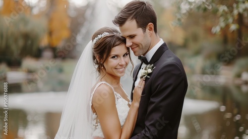 Romantic Wedding Couple Posing by Scenic Fountain in Autumn Park