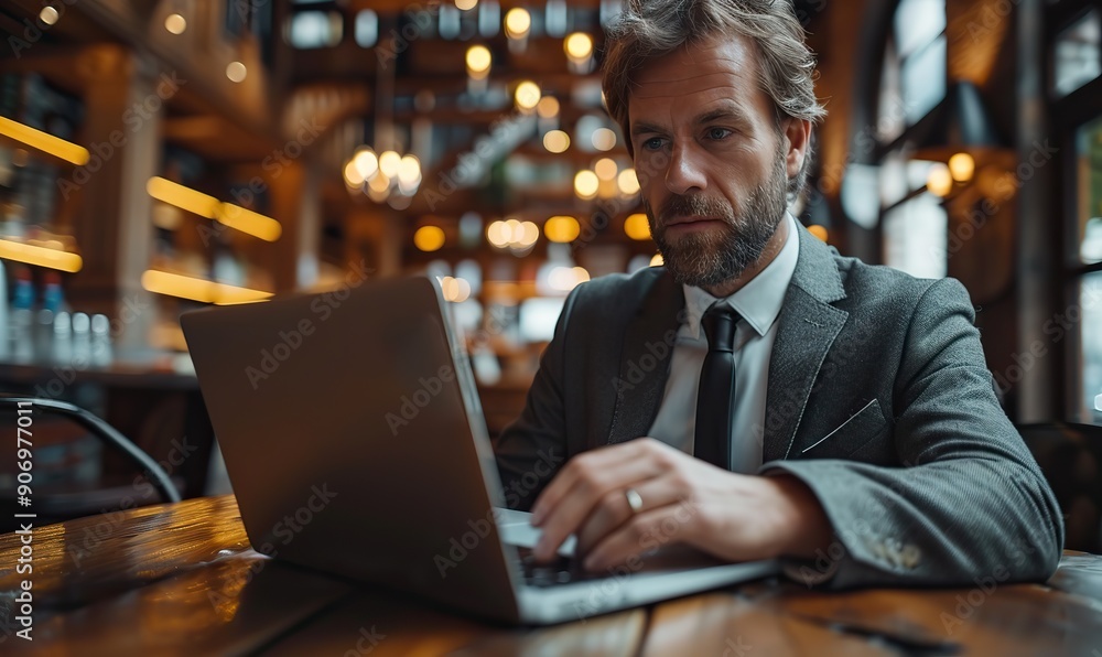 Sitting at a coffee bar table, a businessman, also a cryptocurrency, stock market, and financial analyst trader, holds a credit card and uses a laptop. Sitting at a coffee bar table, a businessman, also a cryptocurrency, stock market, and financial analyst trader, holds a credit card and uses a laptop.