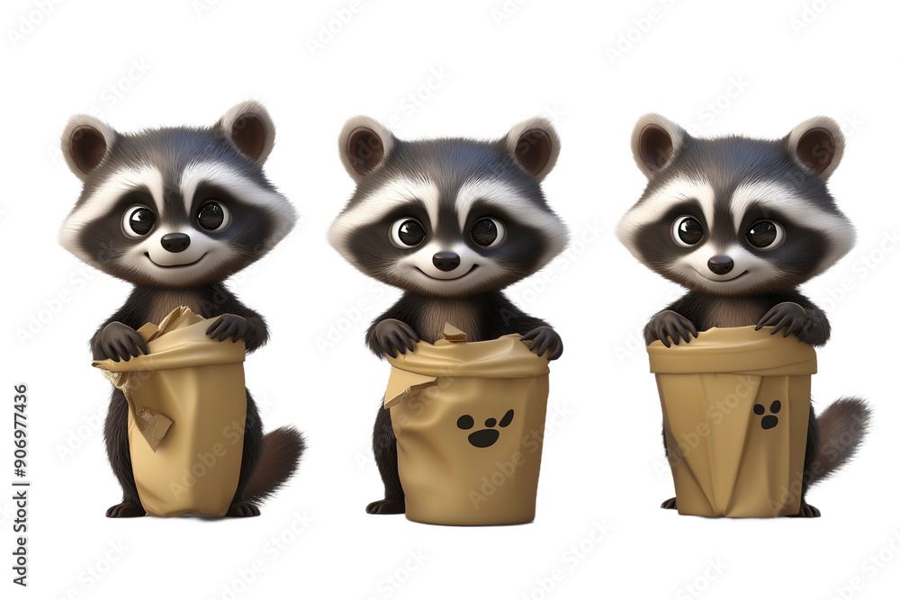 3D raccoon sorting trash on transaparent png file 3D raccoon sorting trash on transaparent png file