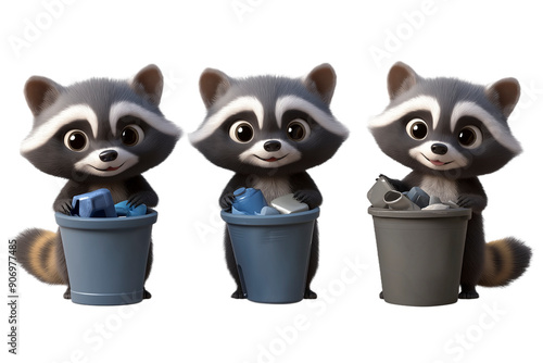 3D raccoon sorting trash on transaparent png file photo