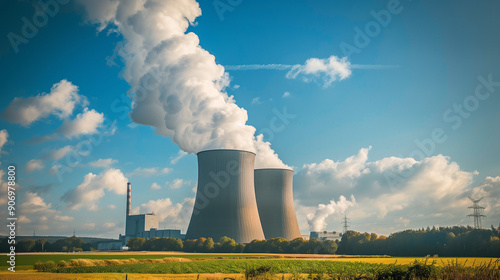 In the landscape of a sunny day, against the background of an intensely blue sky, a nuclear power plant with chimneys emitting smoke is visible.