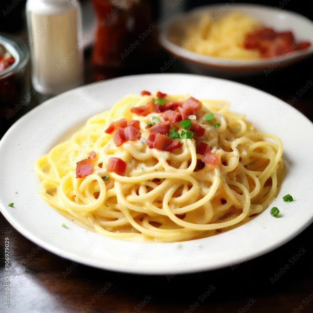 Creamy Spaghetti Carbonara Topped with Crispy Bacon Bits Creamy Spaghetti Carbonara Topped with Crispy Bacon Bits