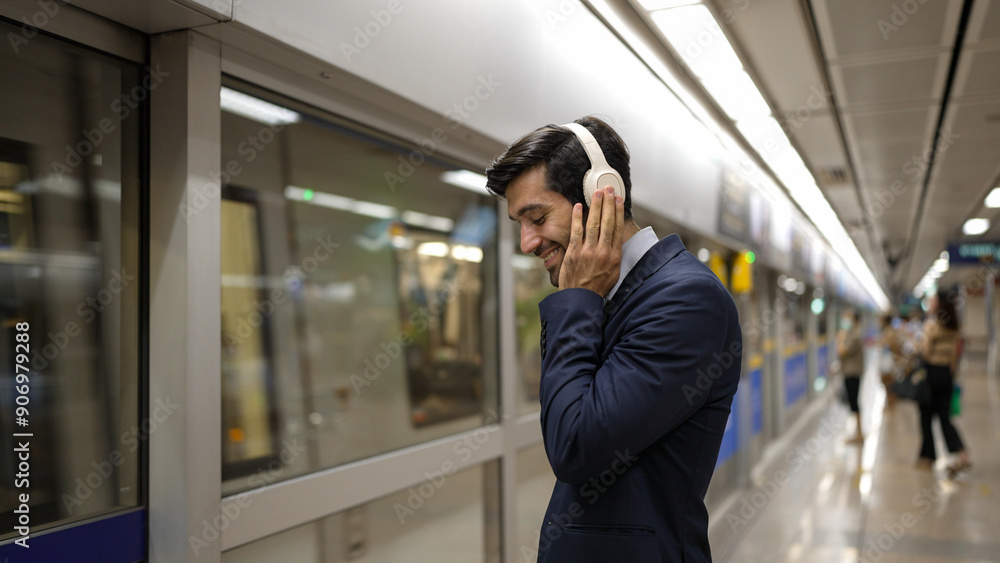 Project manager wearing headphone at train station while holding mobile phone for choosing song. Smart business man listening relaxing music while waiting for train with blurred background. Exultant. Project manager wearing headphone at train station while holding mobile phone for choosing song. Smart business man listening relaxing music while waiting for train with blurred background. Exultant.