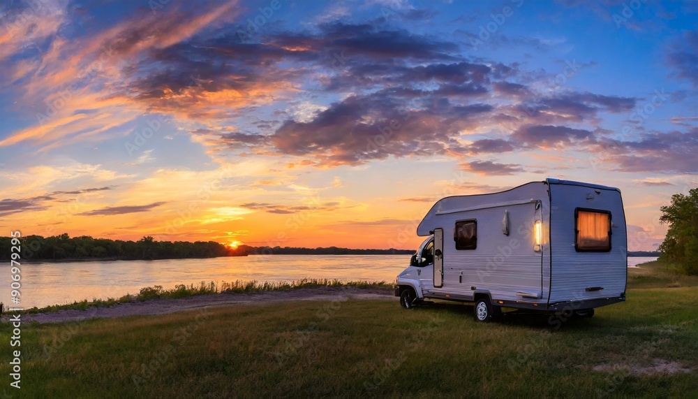Travel trailer camping at sunset by the Mississippi river in Illinois at sunset panorama Travel trailer camping at sunset by the Mississippi river in Illinois at sunset panorama