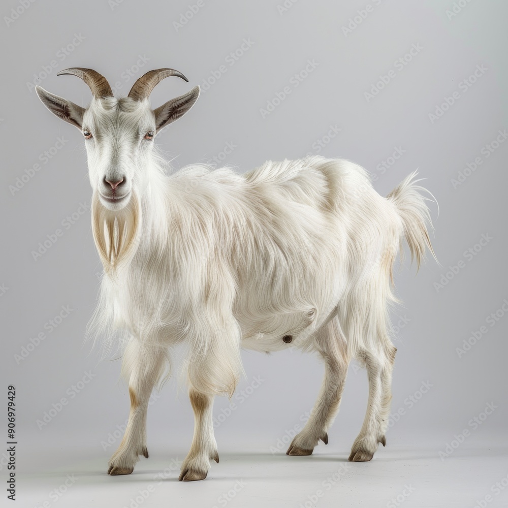 Medium shot of a goat, isolated on a light solid pastel white background Medium shot of a goat, isolated on a light solid pastel white background