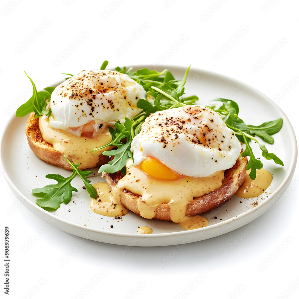 Breakfast with eggs Benedict isolated on white background
Breakfast with eggs Benedict isolated on white background