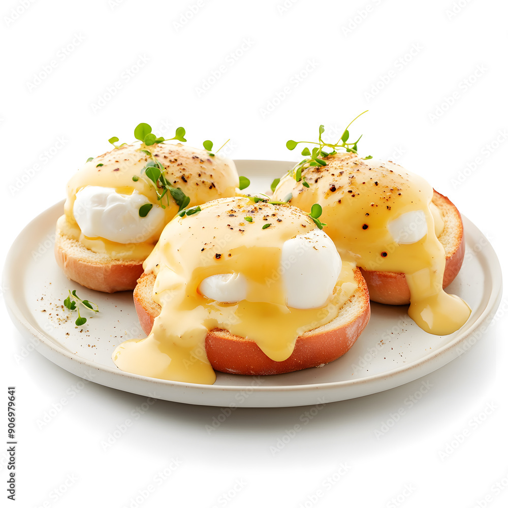 Breakfast with eggs Benedict isolated on white background
Breakfast with eggs Benedict isolated on white background