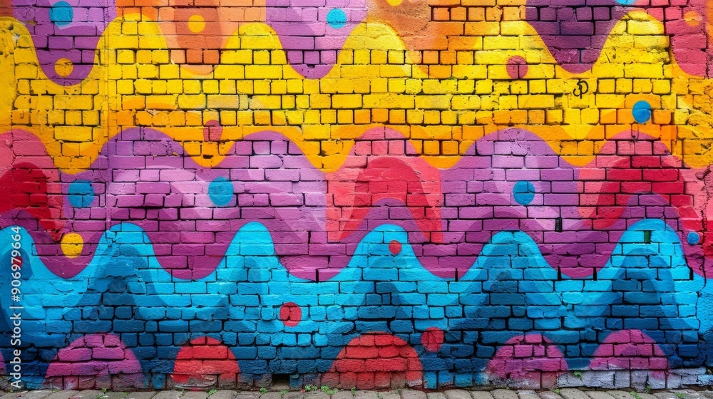 Vibrant street art of colorful waves and shapes on a brick wall, showcasing urban creativity. The dynamic patterns and bold colors reflect the artistic expression and energy of city life. Vibrant street art of colorful waves and shapes on a brick wall, showcasing urban creativity. The dynamic patterns and bold colors reflect the artistic expression and energy of city life.