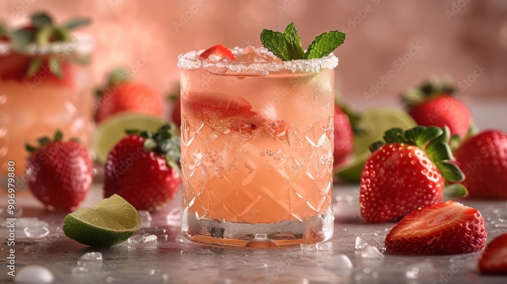 Glass Filled with Ice and Strawberries, A glass filled with ice and fresh strawberries, strawberries on a table. Glass Filled with Ice and Strawberries, A glass filled with ice and fresh strawberries, strawberries on a table.