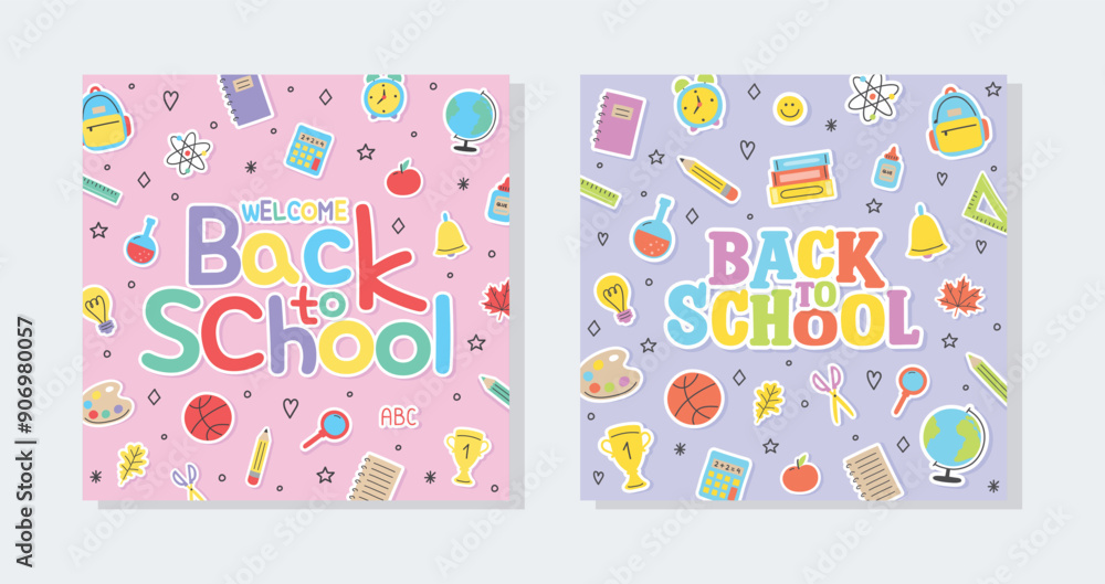 Collection of back to school backgrounds with cartoon stationery. Vector illustration Collection of back to school backgrounds with cartoon stationery. Vector illustration