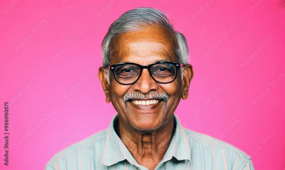 Portrait of a happy Indian senior man wearing glasses and smiling at camera against pink background Portrait of a happy Indian senior man wearing glasses and smiling at camera against pink background