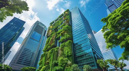 Sustainable skyscraper covered in lush greenery in a modern city, under a bright sky.
