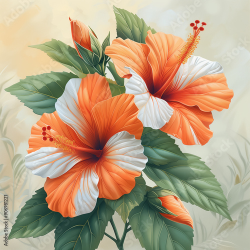 Stylized floral illustration featuring bold orange and blue blossoms with foliage.
