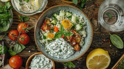 a bowl of food on a wooden table