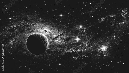 Lonely planet in deep space on beautiful starry nebula background in stippling style. Mysterious alien exoplanet in outer space. Retro styled dotwork. Pointillism. Dots shading. Vector illustration