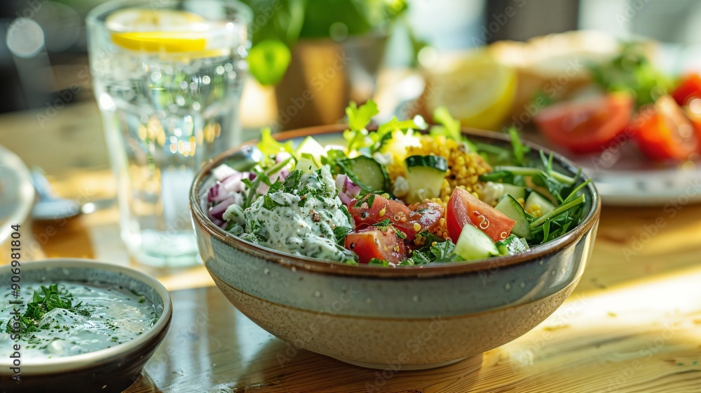 a bowl of salad on a table with a glass of water a bowl of salad on a table with a glass of water