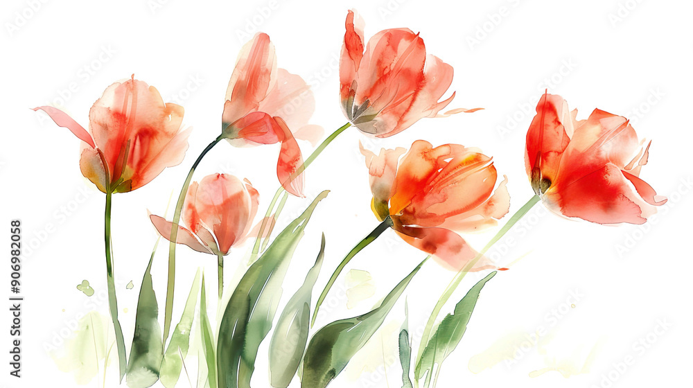 Watercolor botanical illustration of tulips in wet-on-wet style, soft and flowing, white background Watercolor botanical illustration of tulips in wet-on-wet style, soft and flowing, white background