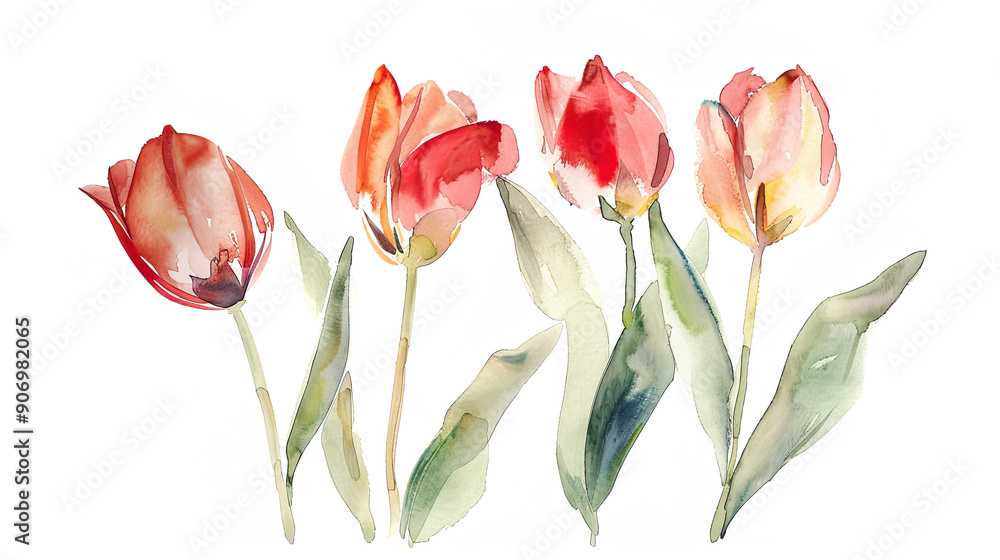 Watercolor botanical illustration of tulips in wet-on-wet style, soft and flowing, white background Watercolor botanical illustration of tulips in wet-on-wet style, soft and flowing, white background