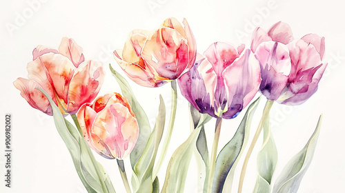 Watercolor botanical illustration of tulips in wet-on-wet style, detailed and vibrant, light background photo