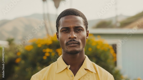 Young Man Standing Confidently Against Floral Background in Sunlit Outdoor Se...