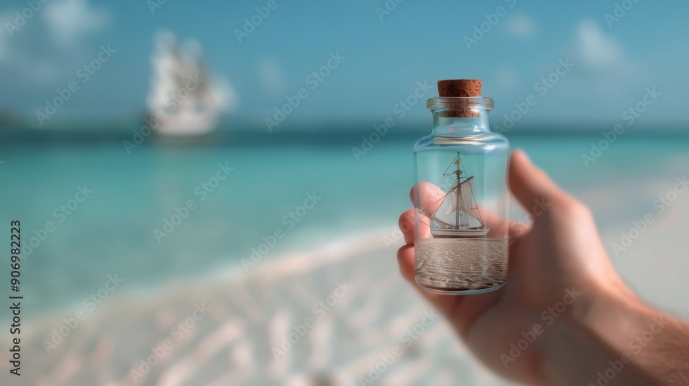 Obraz premium Hand Holding Glass Bottle With Sailboat on Beach at Sunny Seaside